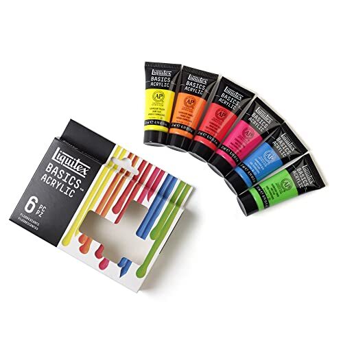 Liquitex 3699400 Basics enkelvoudig pigmenteerde acrylverf, kunstenaarspigmenten, lichtecht, medium viscositeit, goede kwaliteit, satijn finish - Set 6 x 22ml, Fluorescent