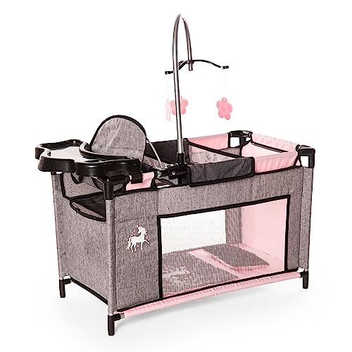 Bayer Design Multibed grijs - Poppenbed met geïntegreerde kinderstoel, kastcompartiment, mobiel, kussen, dekbed, jeans-grijs, roze