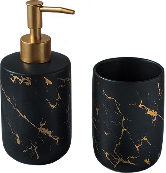 QUVIO Tandenborstelhouder + Zeepdispenser - Set van 2 - Make-upkwasten houder - Tandenborstelbeker - Zeeppompje - Keramiek - Marmerlook - Zwart met goud