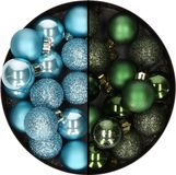 Merkloos / Sans marque Decoris kleine kerstballen - 28x st - donkergroen en ijsblauw - 3 cm - kunststof