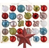 Bellatio Decorations Kaemingk Kerstballen 30x st - gekleurd - 6 cm - met ster piek rood - kunststof