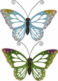 Decoris Tuindecoratie vlinders - 2x - metaal - groen en blauw - 51 x 38 cm - wand/schutting