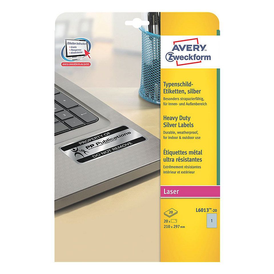 Avery Ultra-sterke etiketten, zilver, 210 x 297 mm, permanent klevend