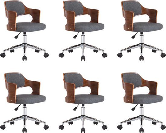 vidaXL Eetkamerstoelen - 6 - st - draaibaar - gebogen - hout - en - stof - grijs