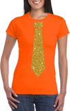 Bellatio Decorations Shoppartners Bv Oranje fun verkleed t-shirt - met stropdas - in glitter goud - dames - korte mouwen S