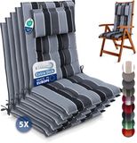 Beautissu Sun-HL - Set van 5 Premium Hoge Rugleuning Kussen met Hoofdkussen 120x50 cm UV-bestendig & 8cm Dik Kussen Tuinstoelkussen Antislip Bevestigingsbanden Stevige Stof Antraciet gestreept