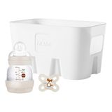 MAM Easy Start Anti-Colic Combi Set XS, baby eerste uitrusting met anti-koliek fles (130 ml), incl. speen maat 0, MAM Start fopspeen en flessenmand, babycadeauset, vanaf de geboorte, beige