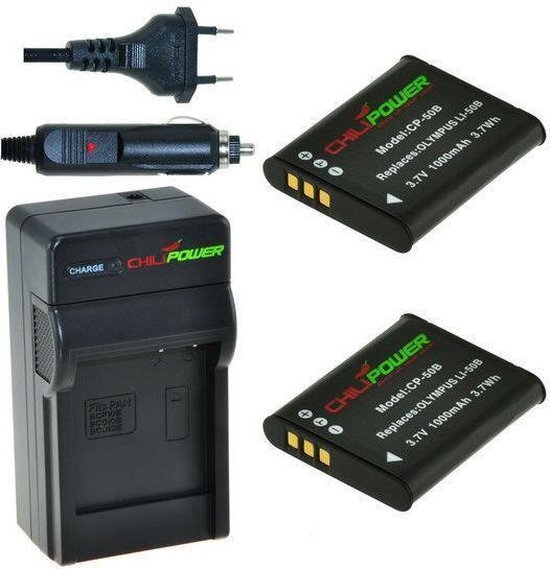 ChiliPower 2 x Li-50B accu's voor Olympus - inclusief oplader en autolader 2 x Li-50B accu's voor Olympus - inclusief oplader en autolader