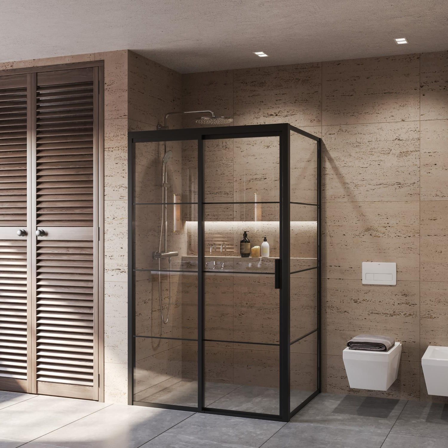 Boss & Wessing Douchecabine frame met schuifdeur en vaste wand links helder glas 130x200 cm mat zwart