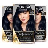 L'Oréal Paris Permanente haarverf, haarverfset met kleur- en glans-verzorgingsbalsem, Préférence, P11 koel intensief zwart (Manhattan), set van 3