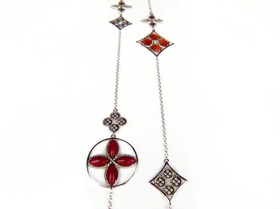 Zilveren Collier - Lange Halsketting met Rode & Oranje Stenen - 90 cm