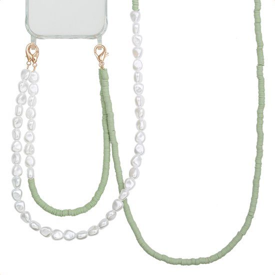 Selencia Universeel Telefoonkoorden Set met Parels en Elastiekjes - Telefoon Ketting - GSM Koord - Pistache Cream