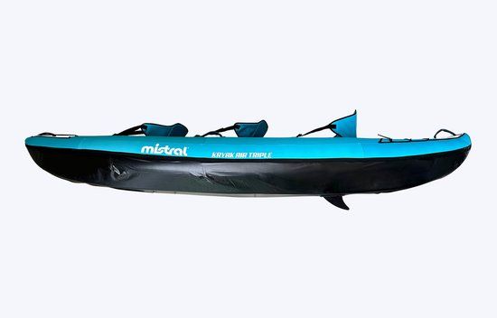 Mistral Kayak Air Triple | Opblaasbare Kajak | 3-Persoons Kajak | 382 x 91,5 cm | Max. 230 kg | Stabiel en Compact | Incl. 3 Peddels, 3 Stoelen, Pomp, Skeg en Tas | Voor Familie en Toertochten