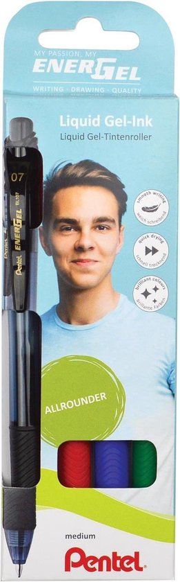 Pentel energel Pentel BL107 EnerGel gelpen, 0,4mm schrijfbreedte, assorti met 4 kleuren (zwart,rood,blauw,groen)
