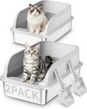 Merkloos Roestvrijstalen kattenbak XXL met schep, halfopen model met hoge rand, 58 x 38 x 26 cm, set van 2