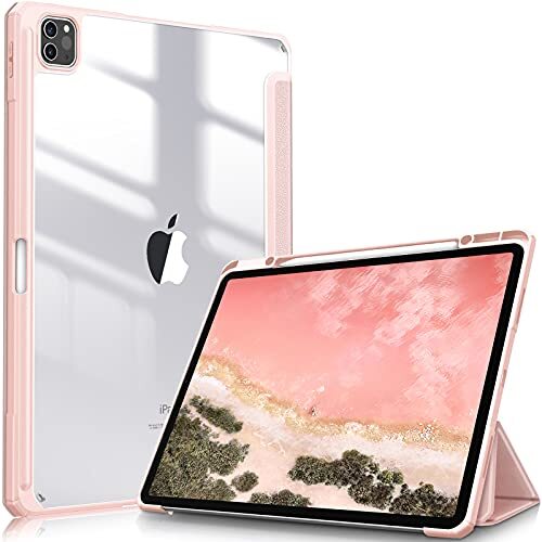 Fintie Hoes voor iPad Pro 12.9 2021 (5e Generatie)/ iPad Pro 12.9 2020/2018 - [Ingebouwde Penhouder] Schokbestendige Cover met Transparant Harde Schaal Terug Beschermhoes, (Roségoud)