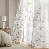 Madison Park Cecily Vitrage, halftransparant, botanische print, doorbrander, eenvoudig op te hangen, geschikt voor gordijnroedes tot 3,2 cm diameter, 127 x 213,4 cm, grijze bladeren