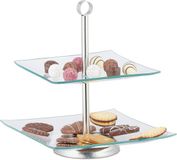 Merkloos Relaxdays etagère 2 laags, vierkant, van glas en RVS, zilver/transparant