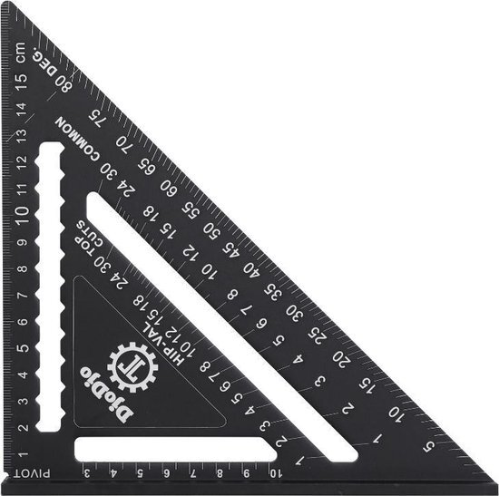 DjoDjo - Winkelhaak - Metrische Driehoek - Speed Square - Schrijfhaak - Blokhaak - Verstekhaak - 5-in-1 Meetdriehoek - Zwart