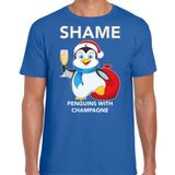 Bellatio Decorations Pinguin Kerstshirt / Kerst t-shirt Shame penguins with champagne blauw voor heren - Kerstkleding / Christmas outfit XXL
