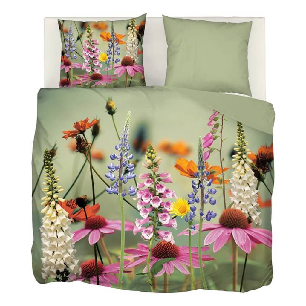 Snoozing Foxglove dekbedovertrek - 100% katoen-satijn - Lits-jumeaux - groen