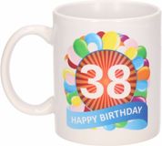 Bellatio Decorations Shoppartners Bv 38 jaar Verjaardag koffiemok - cadeau beker - feestelijke ballonnen print - 300 ml - keramiek - wit