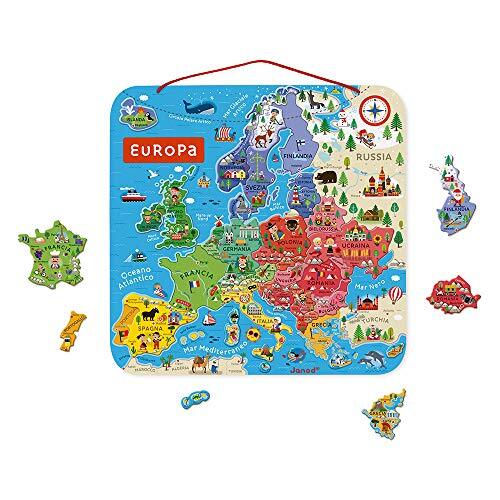 Janod J05475 Puzzelkaart van Europa, magnetisch van hout, 40 magnetische onderdelen, 45 x 45 cm, Italiaanse versie, leerspel vanaf 7 jaar, J05475