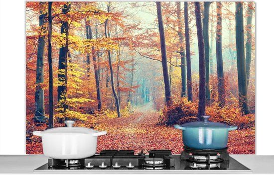 KitchenYeah Spatscherm keuken 120x80 cm - Kookplaat achterwand Bos - Herfst - Bladeren - Muurbeschermer - Spatwand fornuis - Hoogwaardig aluminium