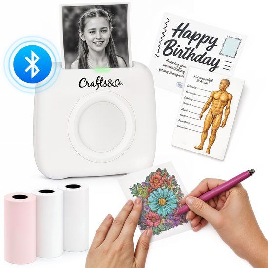 Crafts&Co Mini Pocket Printer - Sticker Printer - Mobile Photo Printer - Thermal Printer - White