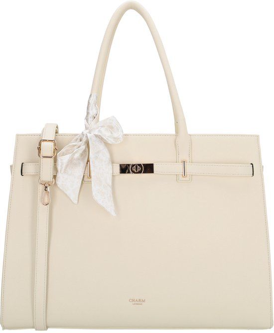 Charm London The Hamptons Laptoptas 15,6 Inch - Dames Schoudertas met Laptopvak, Verstelbare & Afneembare Schouderband - Crème
