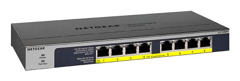 NETGEAR GS108PP - 8-Port Gigabit Ethernet PoE+ Switch - Unmanaged - Black