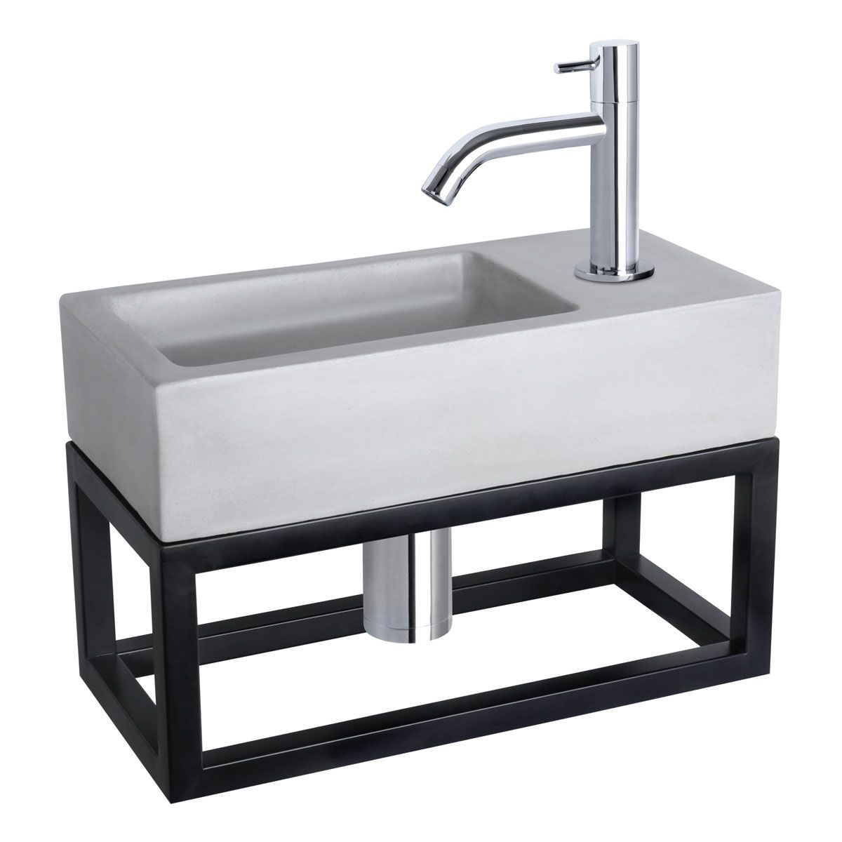 Differnz Fonteinset Rechthoek 38.5x18.5x24.5cm Beton Lichtgrijs Handdoekrek Gebogen Toiletkraan Clickwaste Sifon Chroom