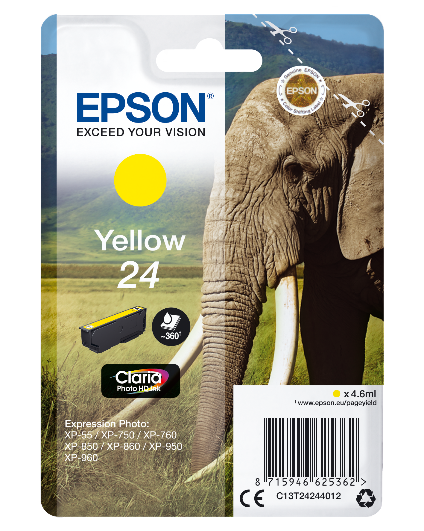 Epson Elephant Singlepack Yellow 24 Claria Photo HD Ink single pack / geel