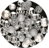 Decoris Kerstversiering kunststof kerstballen zilver 6-8-10 cm pakket van 59x stuks - Kerstboomversiering