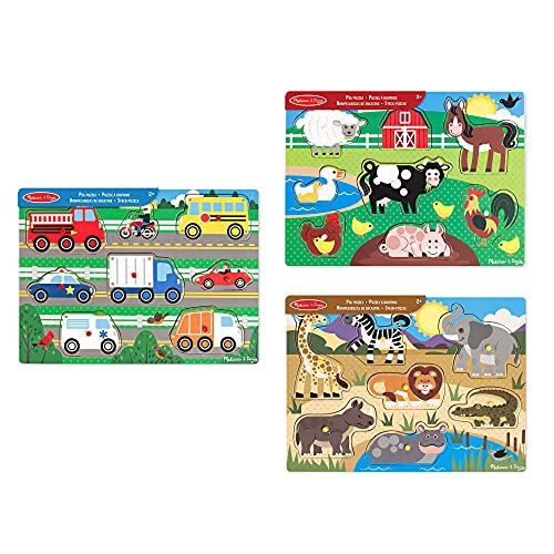 MELISSA & DOUG - Bundel met 3 houten knoppuzzels - Boerderijdieren, Safari en Voertuigen