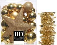 Decoris Shoppartners Bv Kerstversiering kunststof kerstballen 5-6-8 cm met ster piek en sterren slingers pakket goud van 35x stuks - Kerstboomversiering