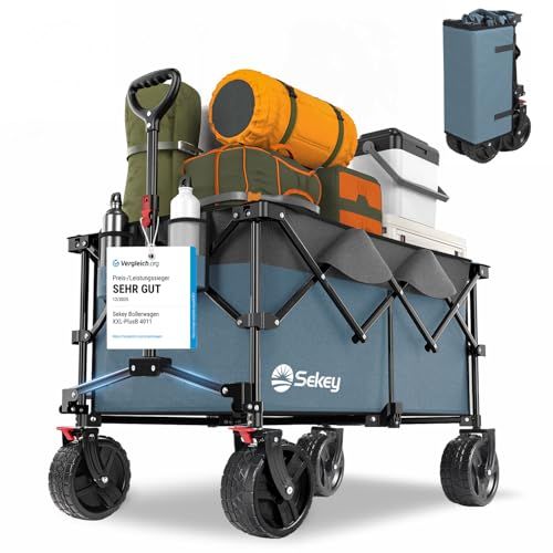 Sekey XXL Plus Opvouwbare Bolderwagen met remmen, 200L, 150KG, 17x10 cm brede banden, Gepatenteerd opvouwbaar in VIER richtingen, Zwart