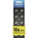 ABSINA AG13 LR44 knoopcellen, verpakking van 10 stuks, 1,5 V alkaline knoopcellen, lekvrij en met lange houdbaarheid, LR1154, L1154, L1154F, G13, G13A, 13GA / 157, V13GA / PX76A, RW82