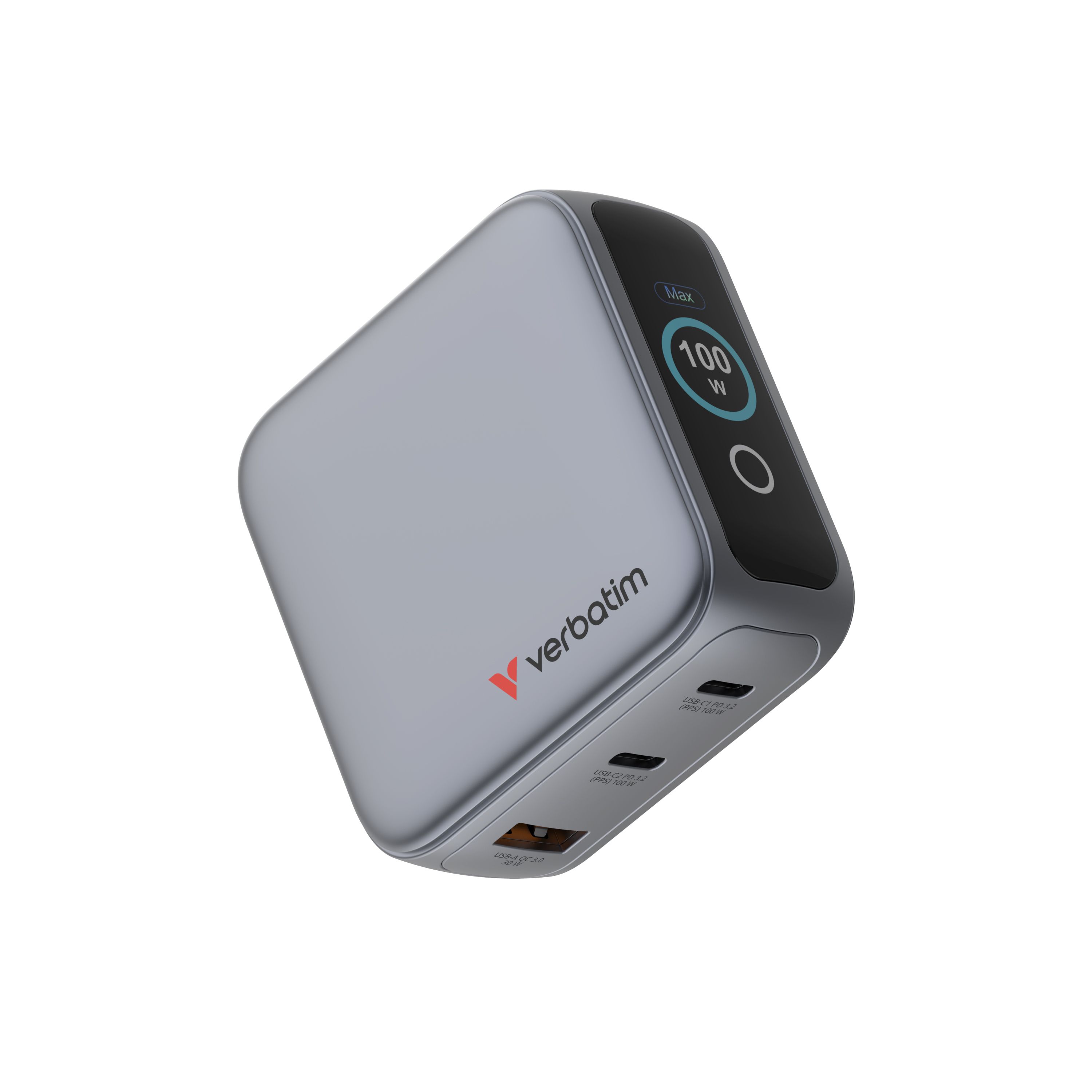 Verbatim Mini GaN Oplader 100W met display - 3 poorten USB-C oplader, power adapter 2× USB-C & 1× USB-A, snellader meervoudige stekker voor MacBook, laptop, iPad, iPhone 17, Samsung- EU, UK, VS