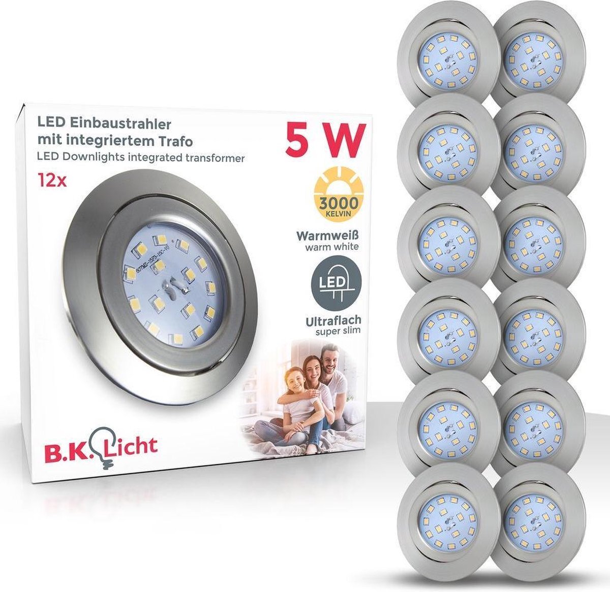 B.K.Licht - Inbouwspots - LED - 12 stuks - ronde - vor binnen - kantelbaar - spotjes inbouw - IP23 - Ø8.2cm - 3.000K - 400Lm - 5W - nikkel