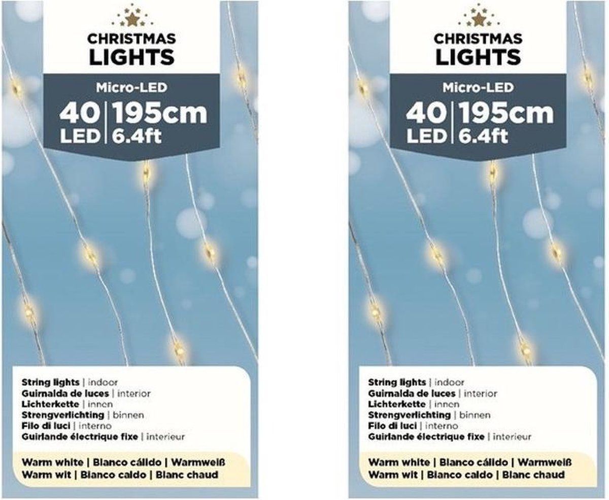 Lumineo 3x Draadverlichting Zilverdraad - 40 Warm Witte Lampjes - 195 cm