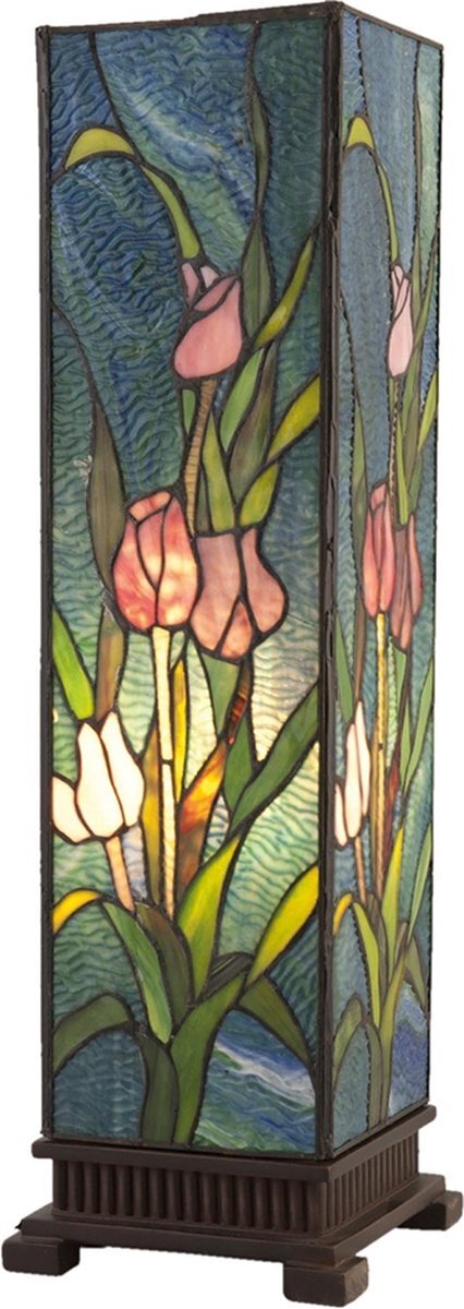 Clayre & Eef LumiLamp Tiffany Tafellamp 17x17x58 cm Groen Roze Glas Vierkant Tulpen Tiffany Bureaulamp Tiffany Lampen Glas in Lood