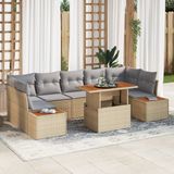vidaXL 8-delige tuinmeubelset met kussens, beige, polyrotan acacia, modulaire tuinmeubels, bankstoel, tafel en tafel in modern design, geschikt voor 7