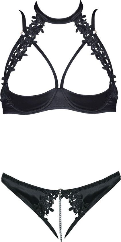 Uitdagende BH Set Met Open Kruisje - Zwart - 75B - Black