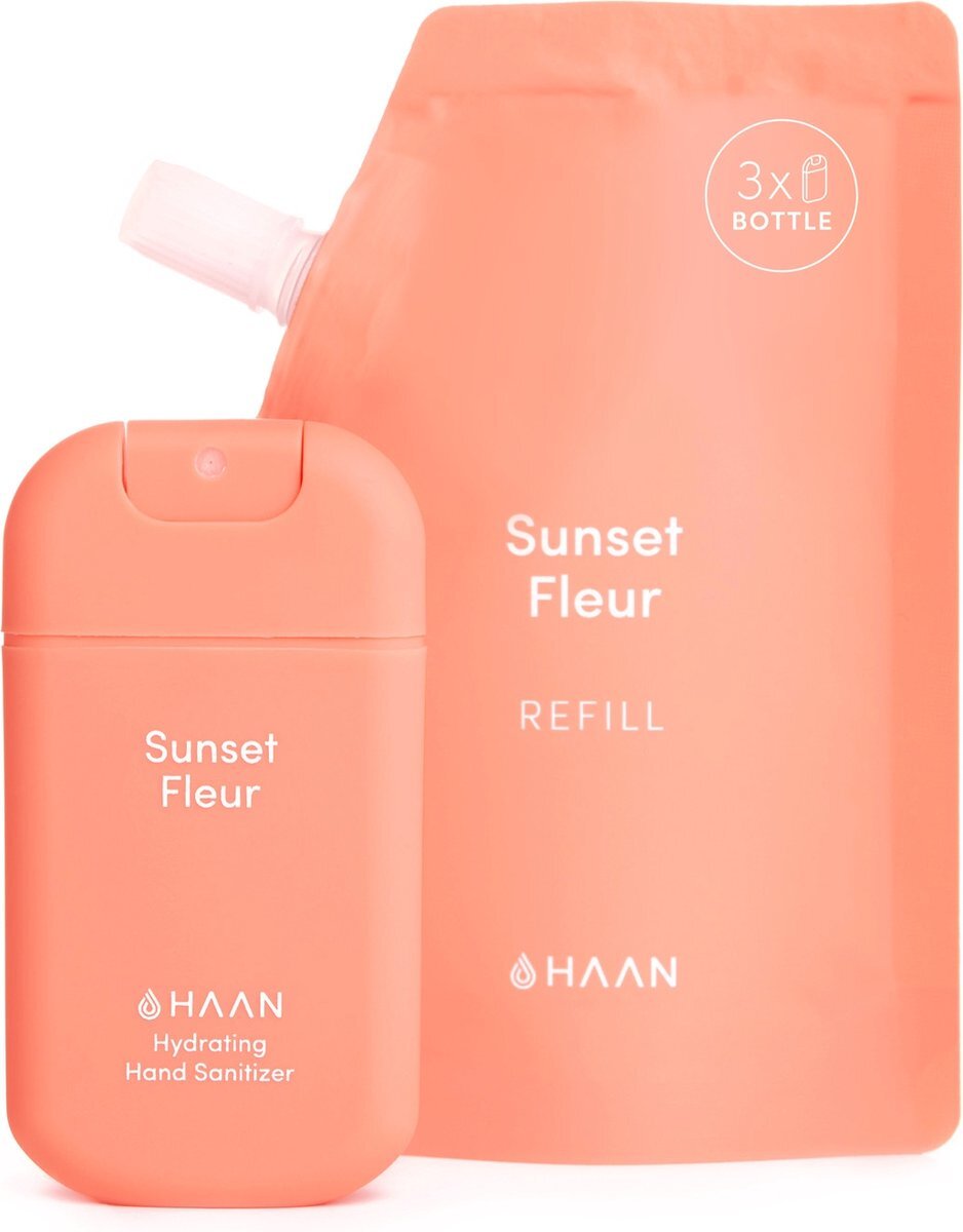 Haan Hydrating Hand Sanitizer - Travel Spray 30ml + Refill 90ml Sunset Fleur Handzeep - Desinfecterend - Navulbaar