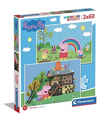 Clementoni - Peppa Pig Supercolor Pig-2X60 (incl. 2 60 stuks) kinderen 5 jaar oud, puzzel cartoons-Made in Italy, meerkleurig, 21622