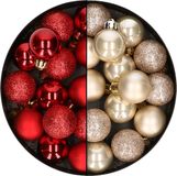 Merkloos / Sans marque Kaemingk B.V. 28x stuks kleine kunststof kerstballen rood en champagne 3 cm
