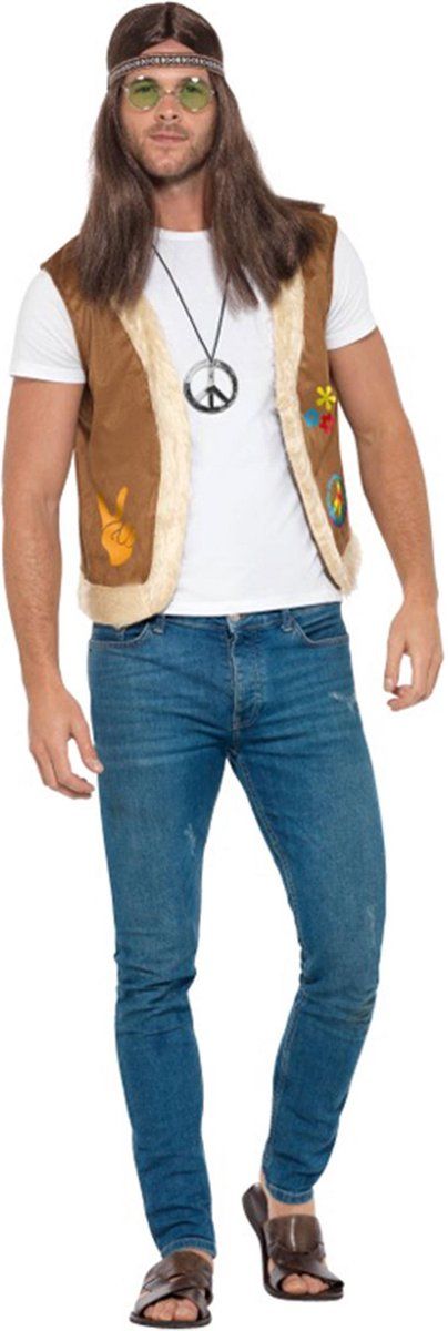 Smiffys - Hippie gilet met nepbont - Bruin - S/M