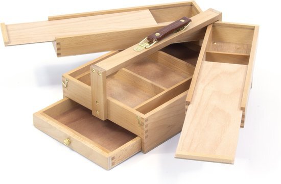 Kangaro schilderskist - multifunctioneel - 3 lagen, 4 laden - beukenhout met handvat - 23.5x13x34cm - K-830051