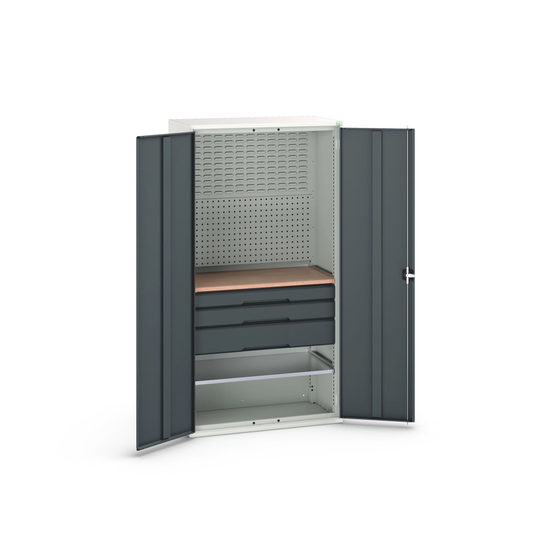 Bott Verso Systeemkast | 1050x550x2000mm | 1 Legbord | 3 Lades | 1 Perfo Achterwand | RAL 7016